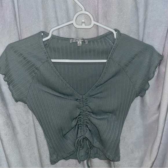 Teal crop- love tree- cinched front S - Picture 1 of 3